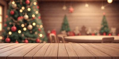 The primary subject of the image is a wooden dining table with chairs surrounding it. The table is set in a cozy environment, with a Christmas tree in the background, adding a festive touch to the scene. The visual style of the image is a combination of photo and digital art, creating a warm and inviting atmosphere. The colors and mood of the image are predominantly warm and holiday-themed, with the wooden table and chairs providing a natural and comfortable setting for the Christmas celebration.